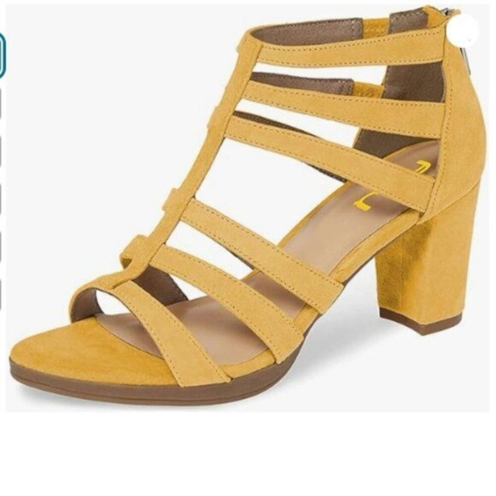 FSJ Women Chunky Mid High Heel Sandals Open Toe T-Strap Pumps Cutout Yellow